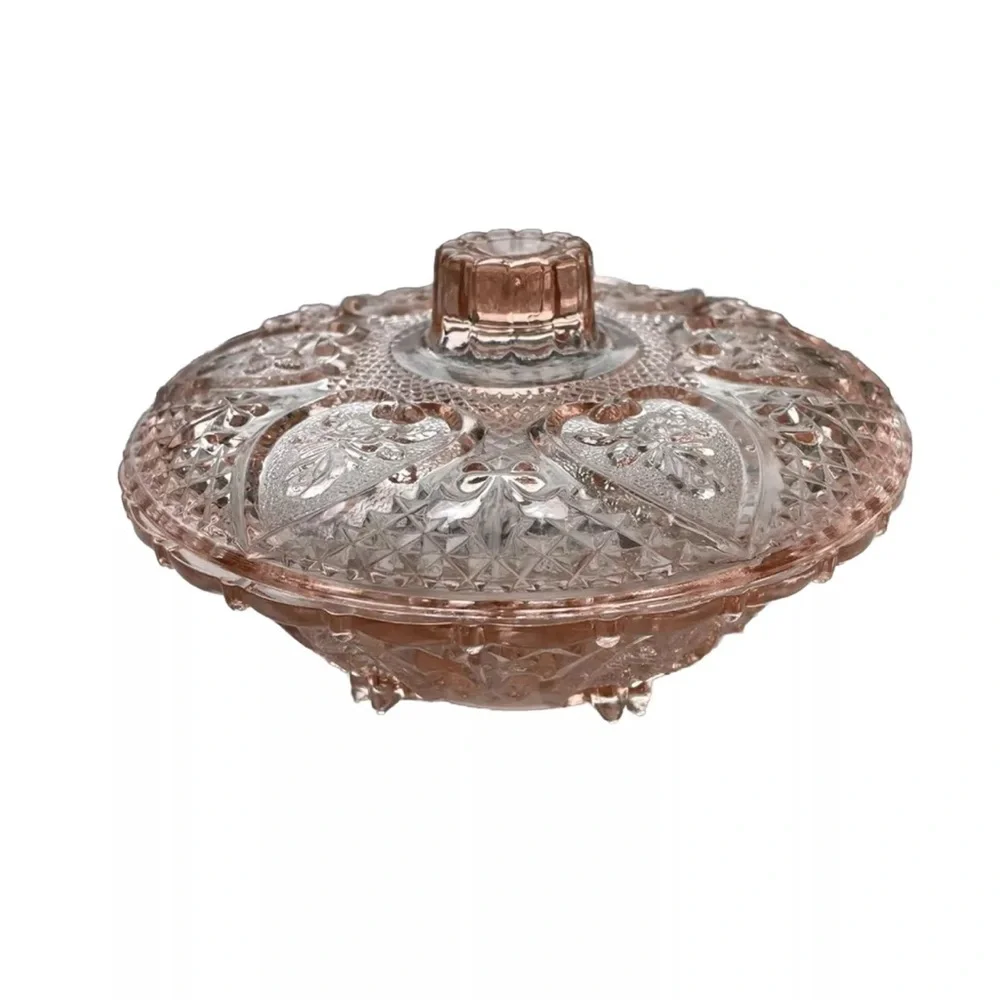 Kig Pink Depression Glass Flowers & Hearts Trinket/Candy Dish With Lid 7 Inches - Picture 3 of 10